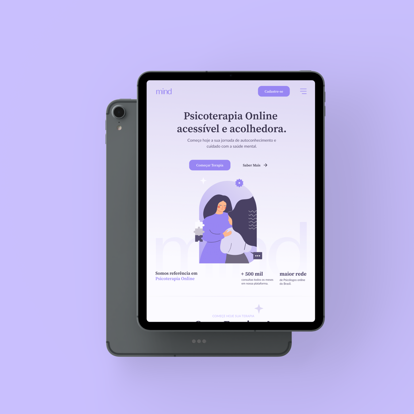 Landing page da Mind em um tablet