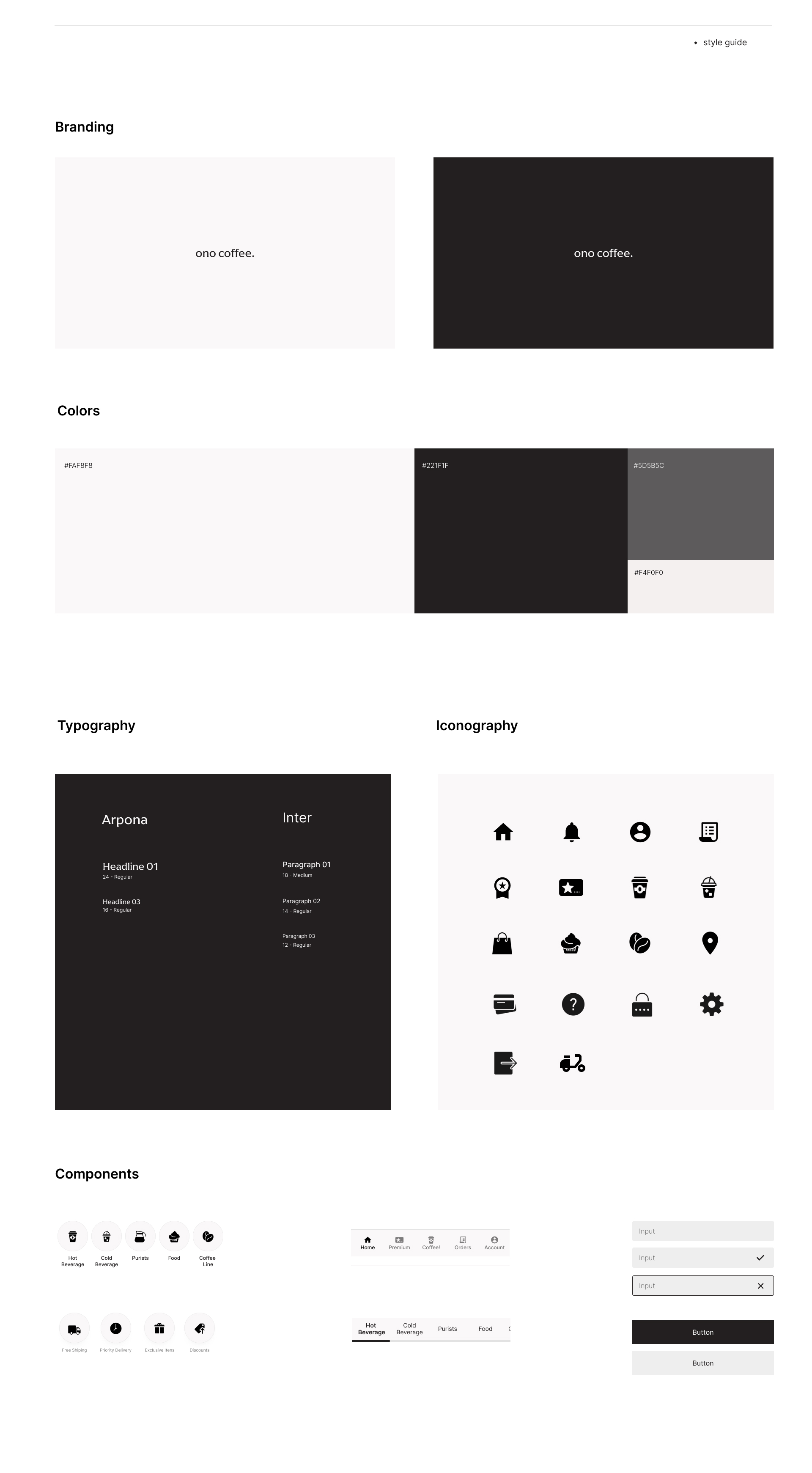 Style guide com cores, tipografia, ícones e componentes
